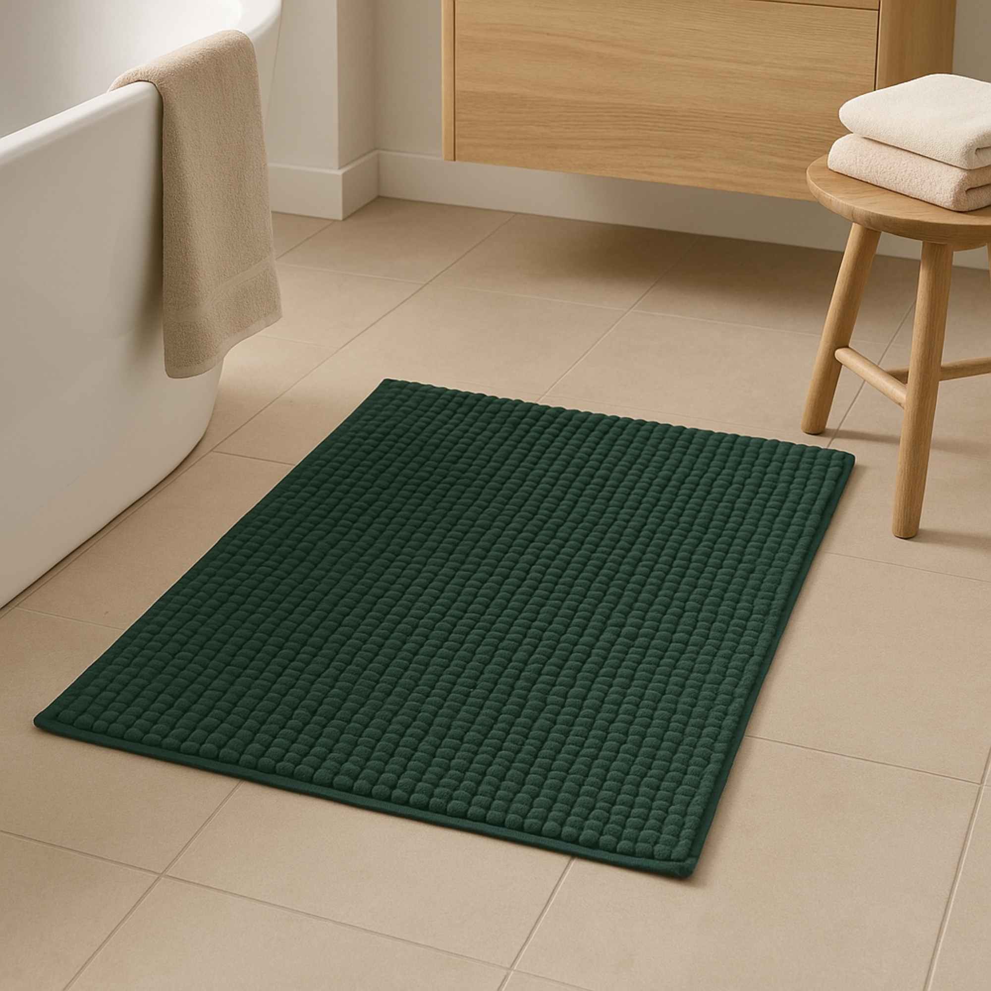 Alfombra de baño 'Oruga' en microfibra, en color verde oscuro, dimensiones 40x60 cm