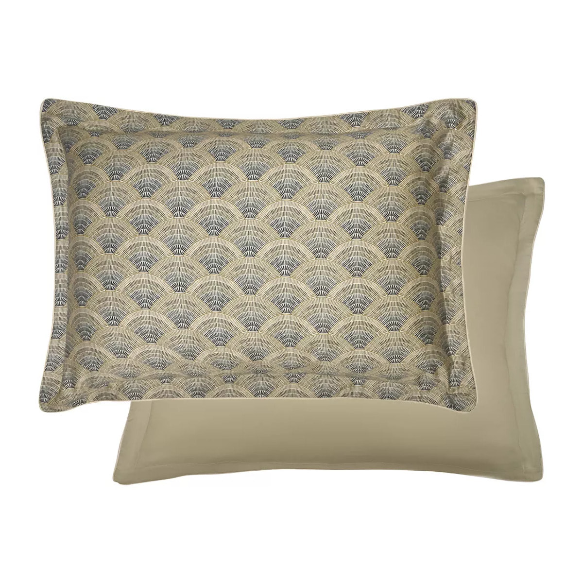 Taie d'oreiller satin de coton imprimé beige Eventails argile