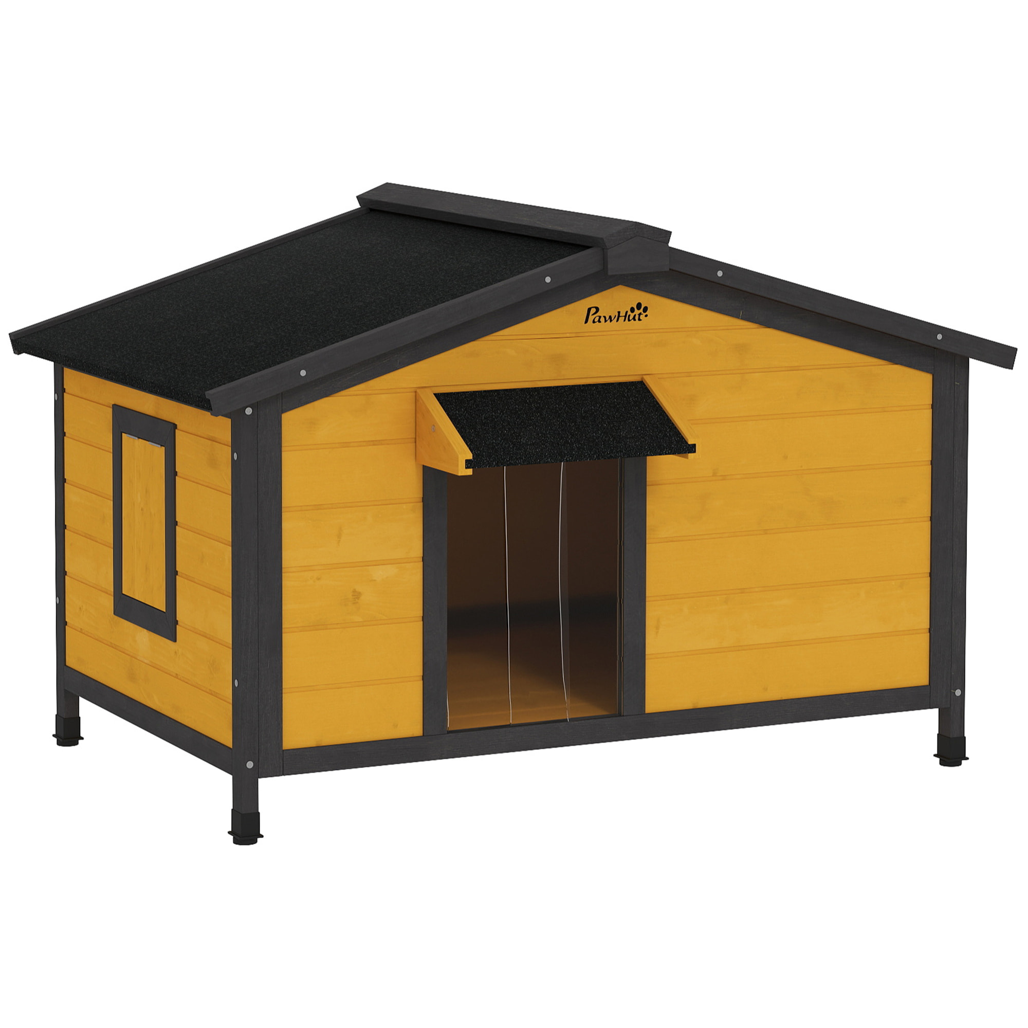 Caseta para Perros Exterior Casa para Perros Pequeños con Techo Asfáltico Abatible 2 Ventanas Puerta con Cortina y Base Extraíble 97x72x65 cm Madera Natural
