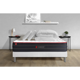 Pack prêt à dormir matelas BOOST ressorts ensachés et mémoire de forme + sommier kit blanc + Couette + 2 oreillers