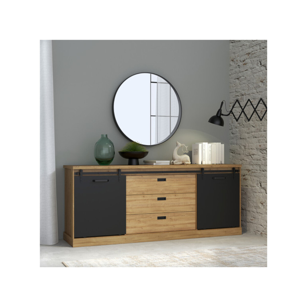 Buffet bas en bois effet chêne & noir 214cm - FACTORY