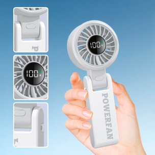 Ventilatore portatile S1062 con 199 velocità di regolazione continua, schermo LCD e visualizzazione in tempo reale del livello della batteria. Include un lanyard per appenderlo.