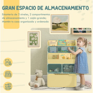 Estantería Infantil de Madera con 3 Compartimentos 2 Cubos y Cajón Móvil con 4 Ruedas Librería Infantil para Habitación de Niños Sala de Juegos 60x29,9x90 cm Verde