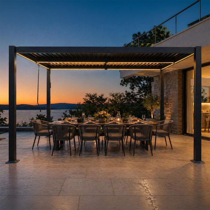Pergola bioclimatique à LED 4x3m structure aluminium lames orientables MILL