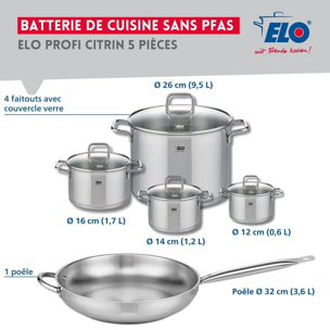 Set de 1 Poêle de cuisson 32 cm et 4 faitouts 12, 14, 16 et 26 cm Elo Profi Citrin