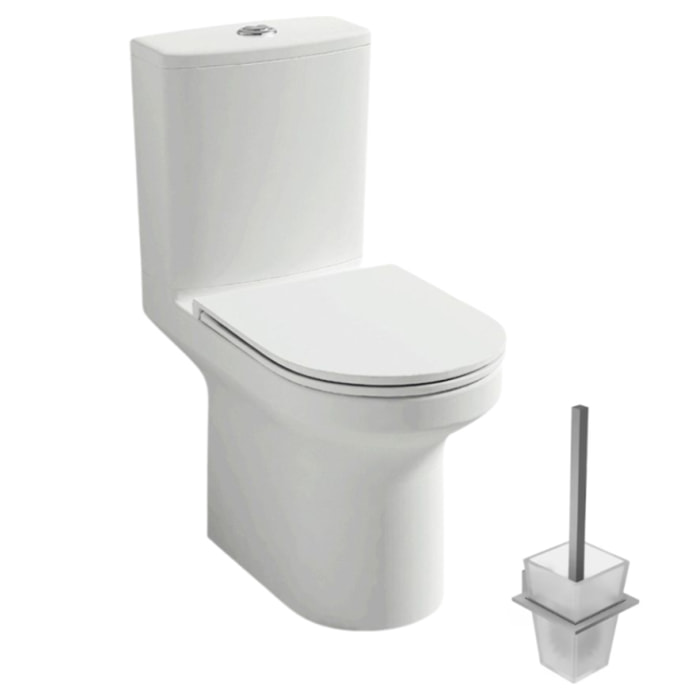 WC à poser sans bride sortie horizontale Elite avec abattant frein de chute + Porte-balai moderne chromé