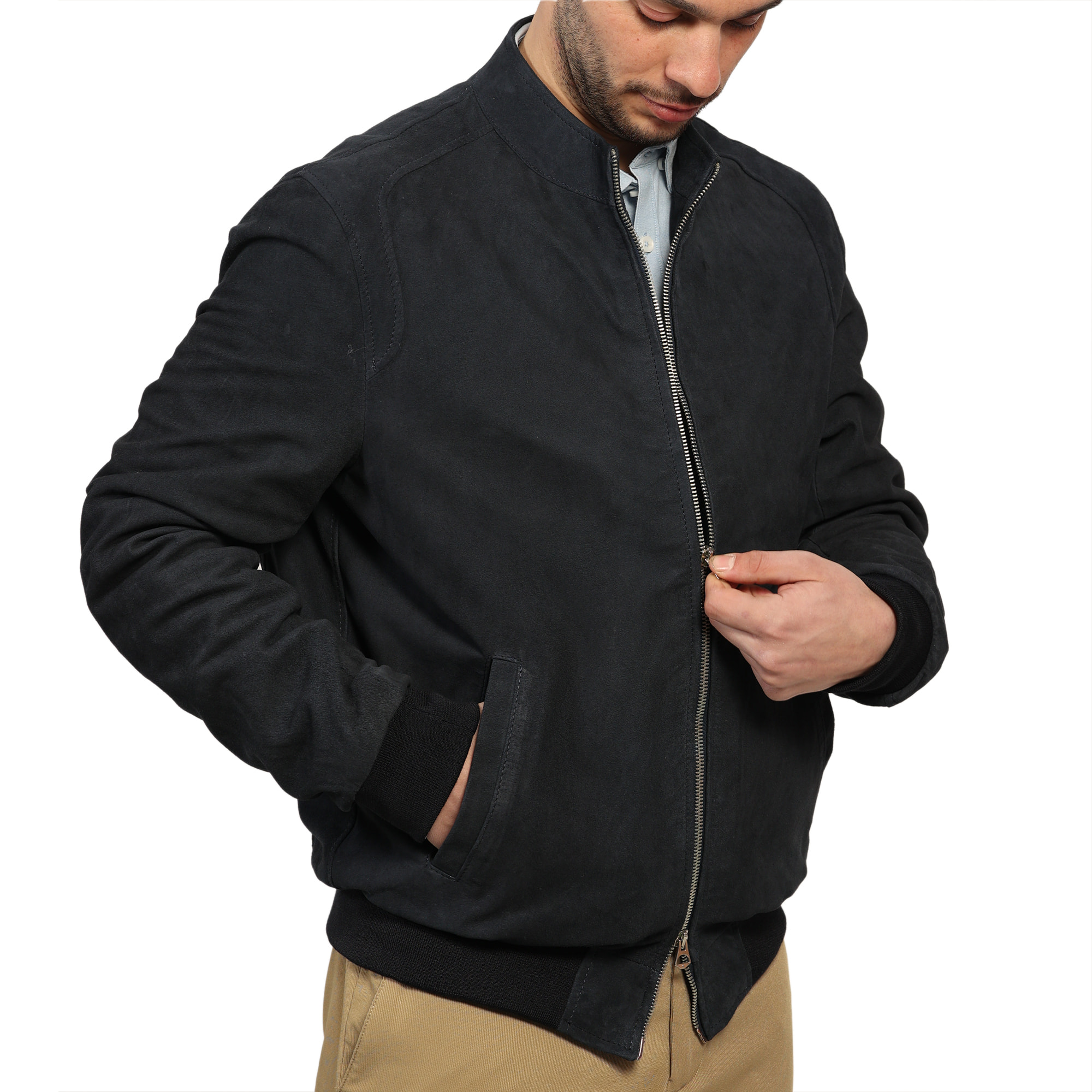 Giubbino in vera pelle di vitello scamosciata Blu-Slim Fit
