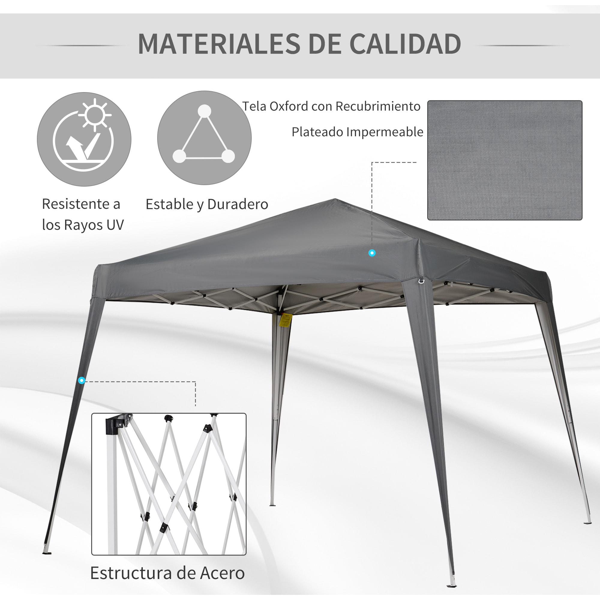 Carpa Plegable 2,4x2,4m Cenador de Jardín Impermeable Diseño Pop Up de Acero y Cubierta de Tela Oxford Gazebo para Exterior Gris