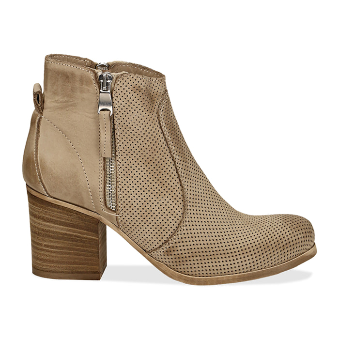 Ankle boots beige in nabuk con punta arrotondata, tacco 7 cm