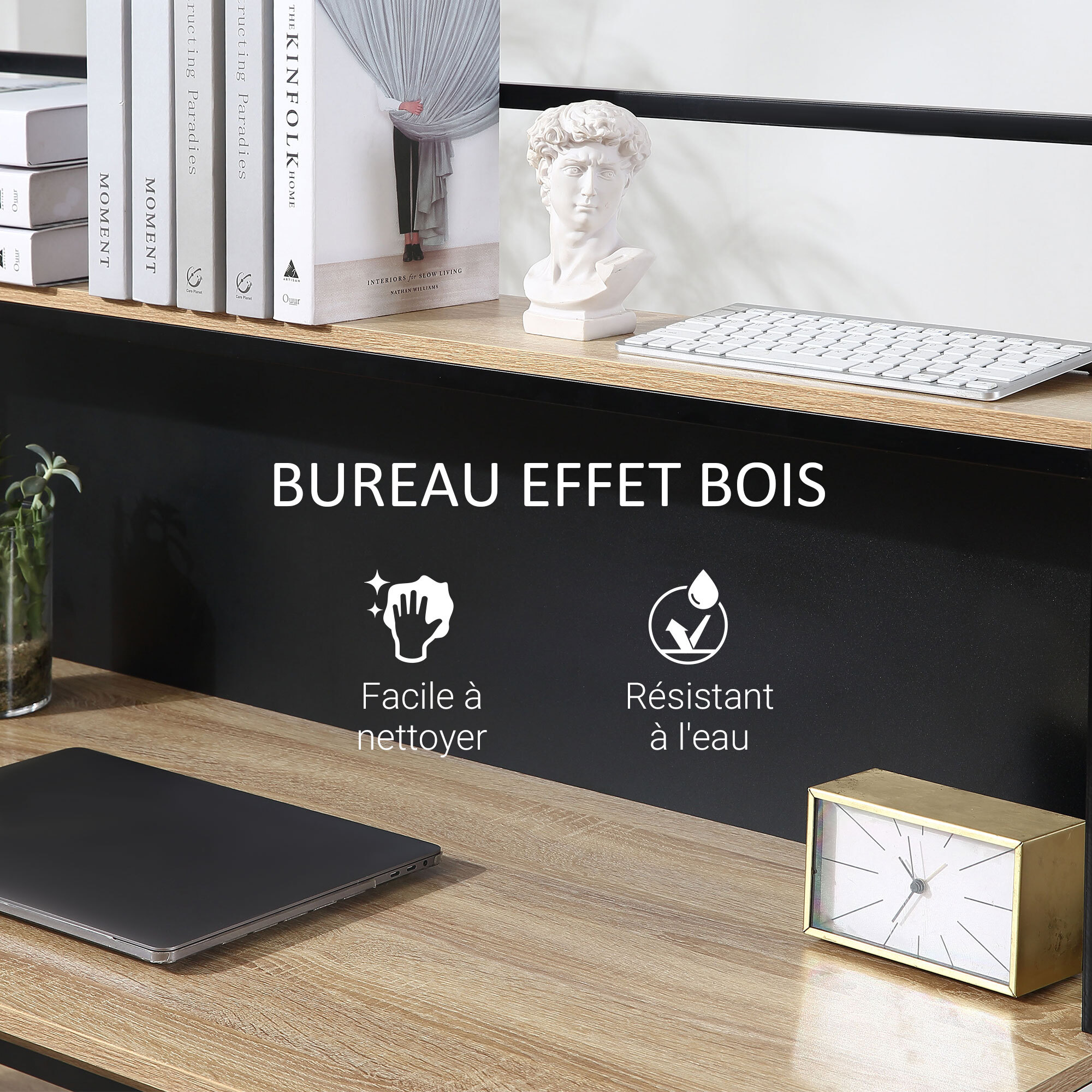 Bureau informatique design industriel 4 étagères grand plateau et panneau noir métal aspect chêne clair