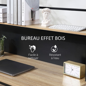 Bureau informatique design industriel 4 étagères grand plateau et panneau noir métal aspect chêne clair