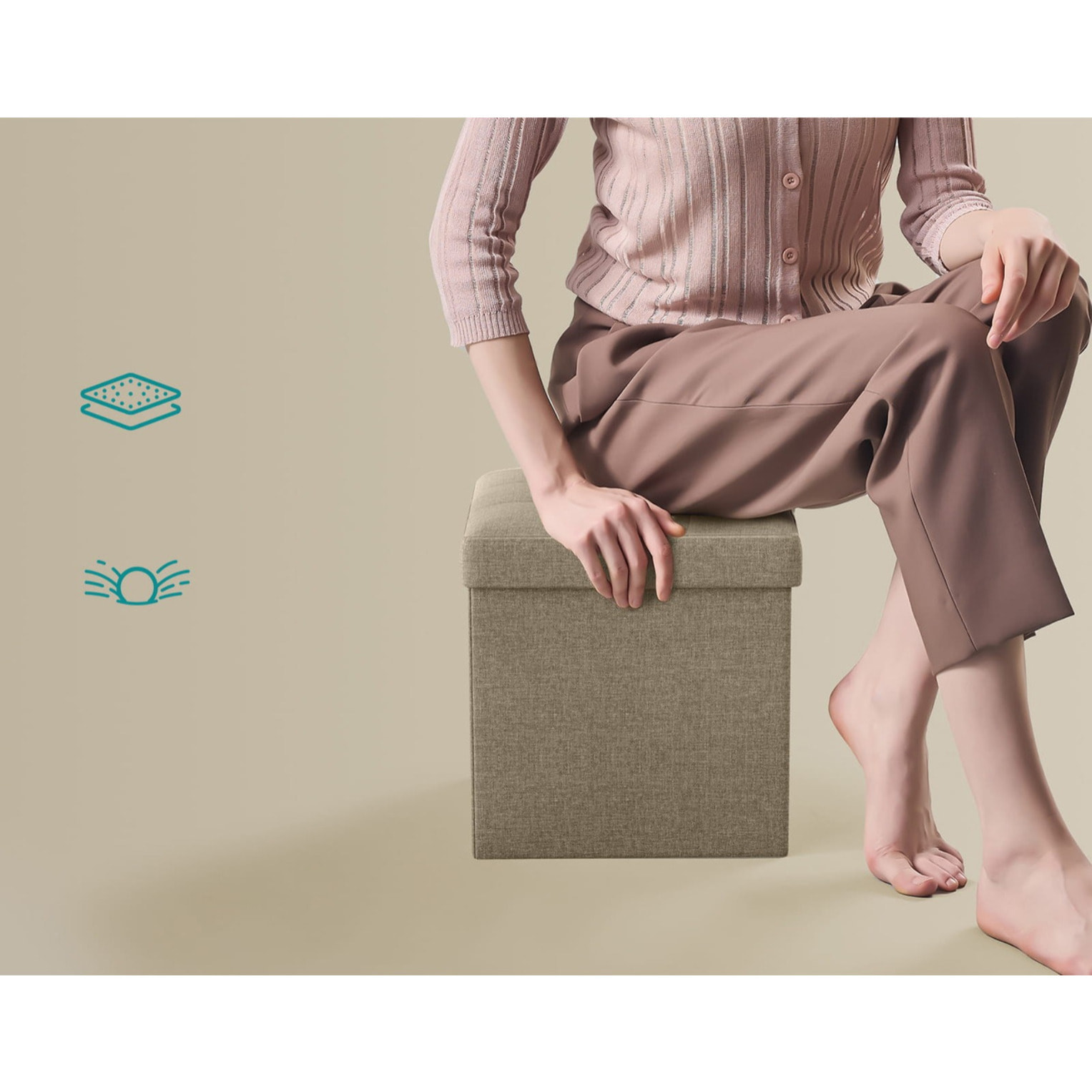 Pouf contenitore pieghevole color cammello effetto lino