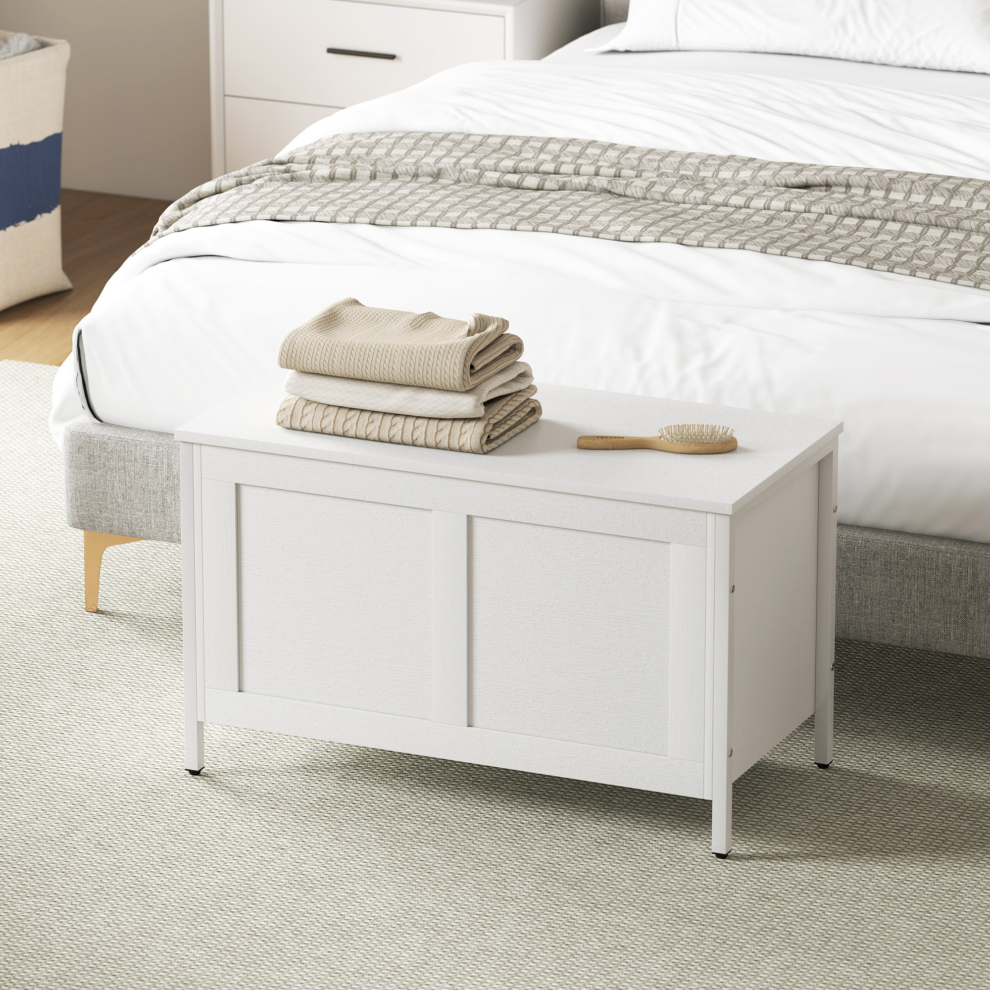 Baúl de Almacenaje para Dormitorio 95 L Banco de Almacenaje con Tapa Bisagra de Seguridad para Pasillo Salón 80x40x50 cm Blanco Veteado