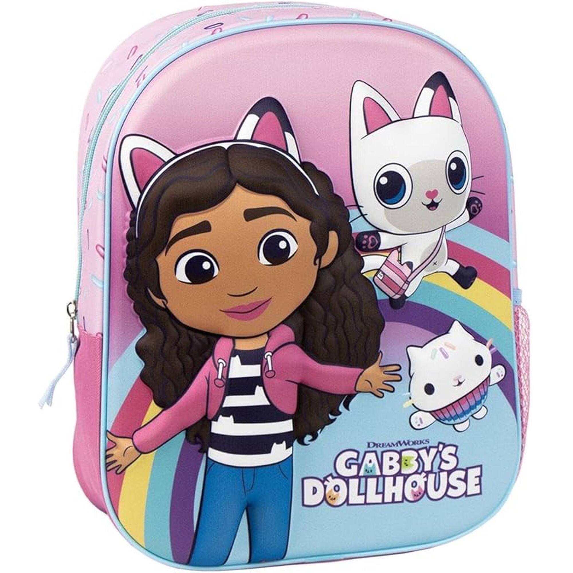 Mochila infantil de gabby´s dollhouse - color rosa - cierre de cremallera - 25x31x10 cm - mochila infantil con detalles en 3d - asas acolchadas