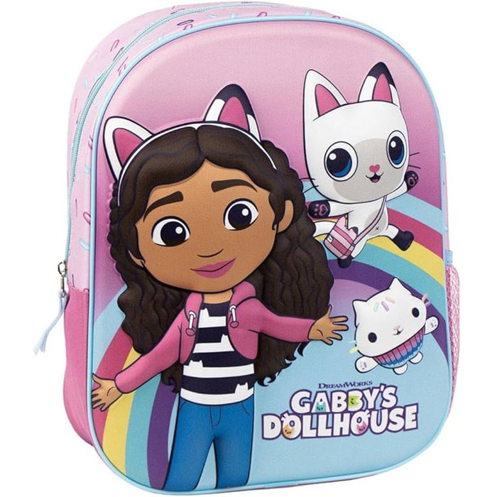 Mochila infantil de gabby´s dollhouse - color rosa - cierre de cremallera - 25x31x10 cm - mochila infantil con detalles en 3d - asas acolchadas