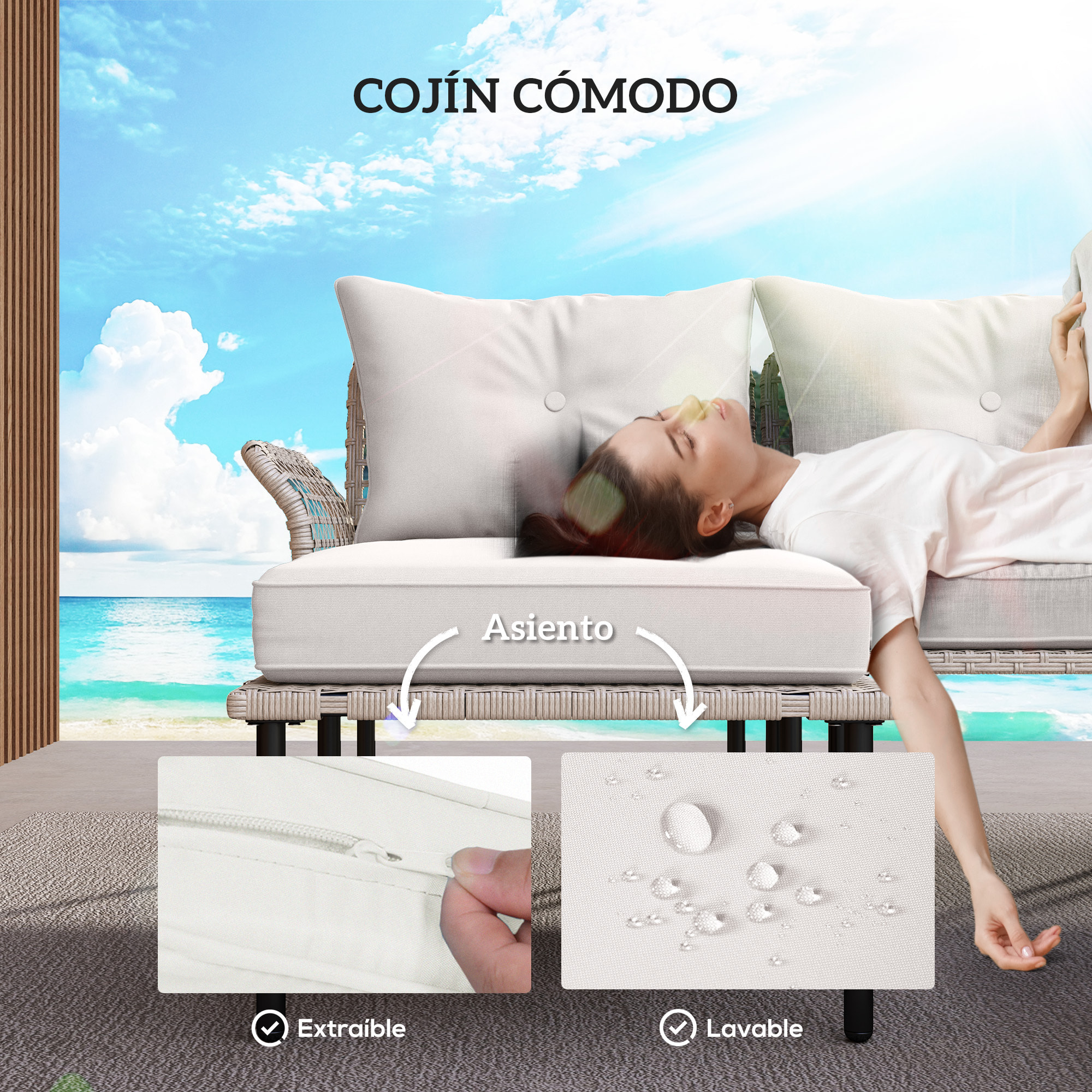 Conjunto de Jardín Exterior de Ratán Sintético de 5 Piezas Muebles de Jardín Exterior Incluye 2 Sofás Esquineras 1 Sofá de Exterior 1 Taburete 1 Mesa de Centro con Cojines Crema