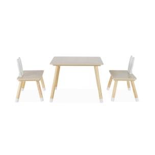 Table enfant + 2 chaises. pieds en pin. couleur blanc et bois