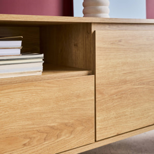 Meuble TV décor bois 2 portes 1 tiroir 140cm naturel - 140 x 42 x 55 cm - Harmony