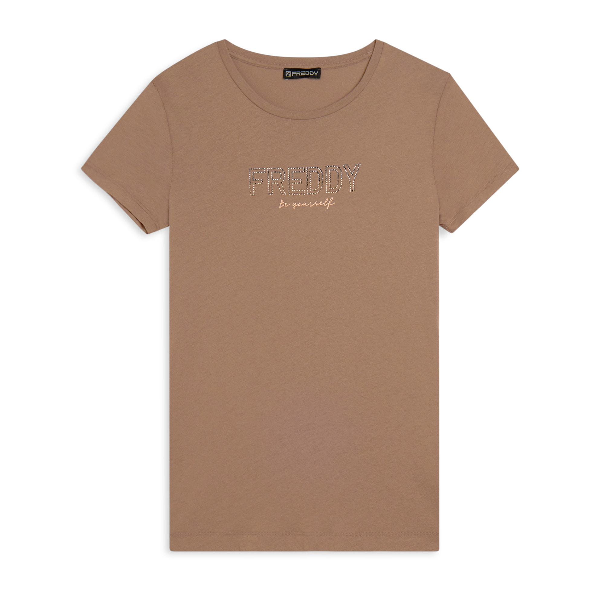T-shirt donna con mini spacchi laterali e logo in strass