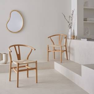 Lot de deux chaises vintage naturelles en bois d'hévéa avec assise en cordes et dossier arrondi