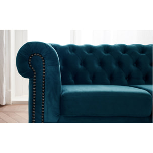 William - canapé Chesterfield d'angle réversible - 5 places - en velours - Bleu canard