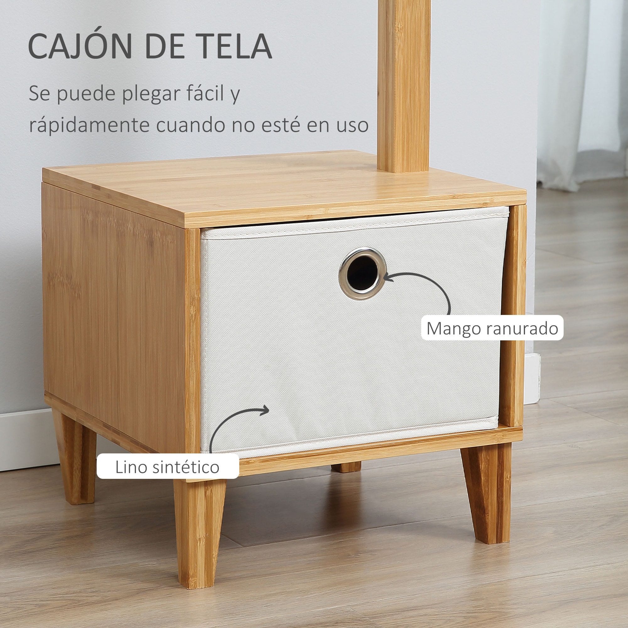 Perchero de Pie de Bambú Tipo árbol con Banco Cajón de Tela y 8 Ganchos para Colgar Ropa Bolsas Bombreros para Entrada Salón Pasillo 35x35x177 cm Natural