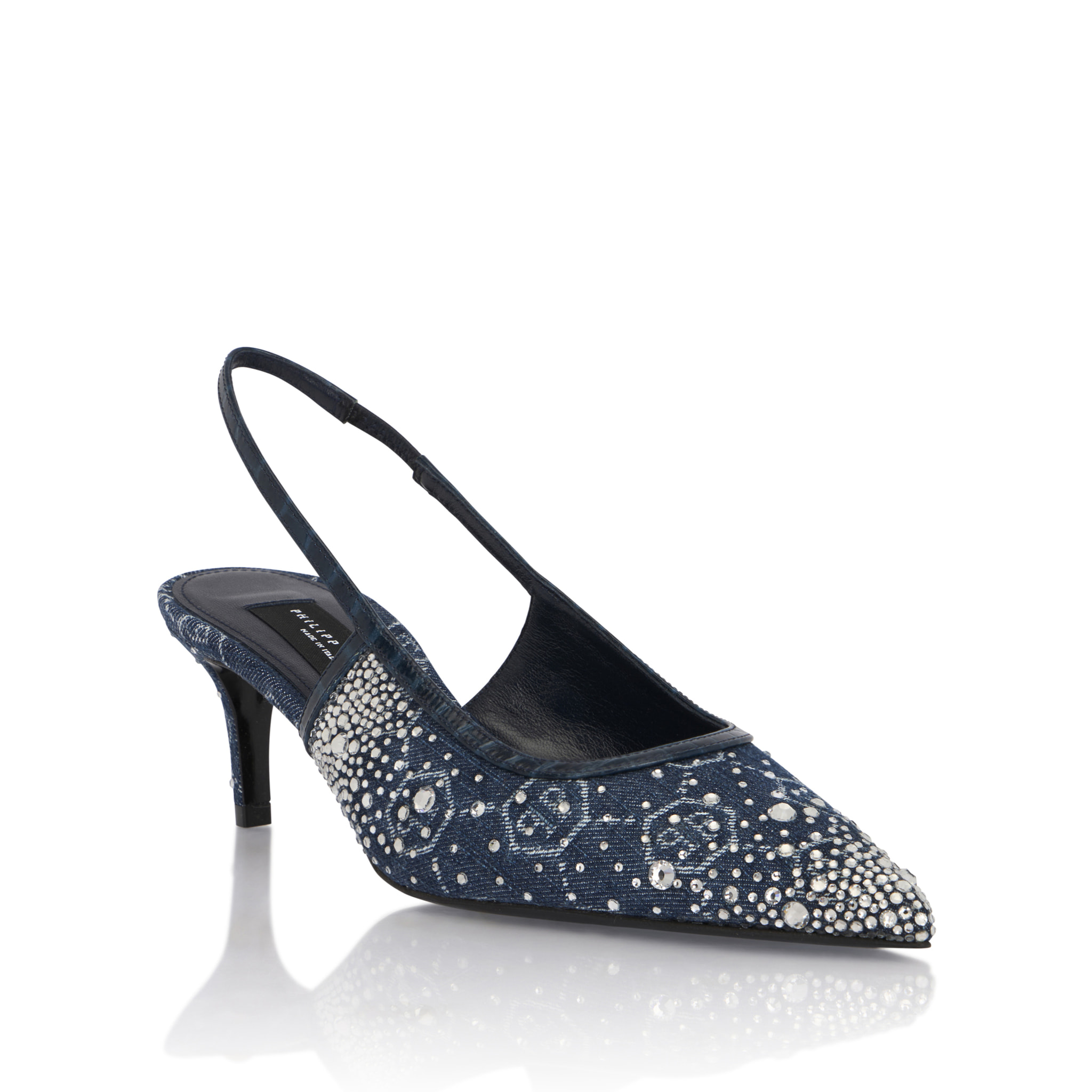 PHILIPP PLEIN Denim Mid Heels Slingbacks Monogram Strass