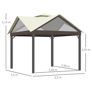 Pavillon de jardin style colonial - barnum double toit, 4 fenêtres, rideaux - dim. 3,5L x 3,5l x 3,33H m - métal noir polyester marron beige