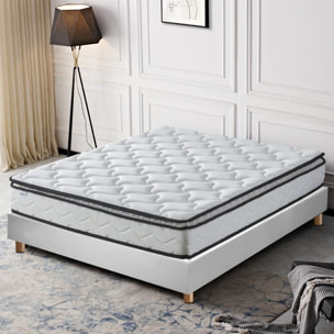 Ensemble matelas Sultan & sommier déco| 100% Mémoire de forme | Surmatelas intégré |Cadre à lattes | Simili Cuir | Blanc
