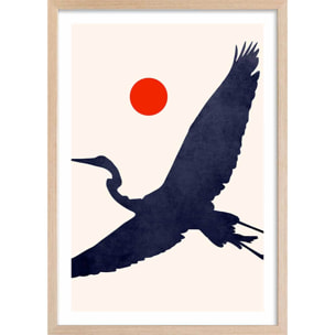 Affiche paysage Grue au soleil levant Affiche + cadre en bois - Chêne