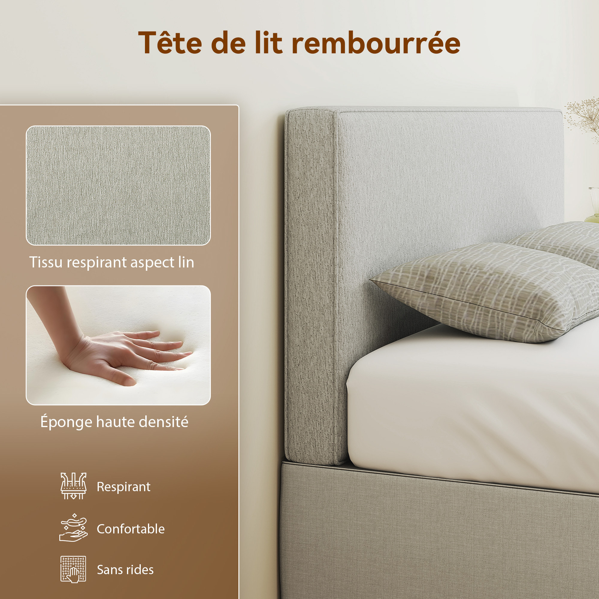 Tête de lit murale rembourrée tissu toucher lin - dim. 140L x 60H cm ép. 10 cm -gris clair chiné