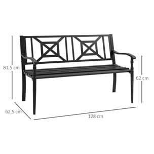 Banco de Jardín de 2 Plazas Banco Exterior de Acero con Reposabrazos y Respaldo Decorativo para Terraza Balcón Patio Carga 240 kg 128x62,5x81,5 cm Negro