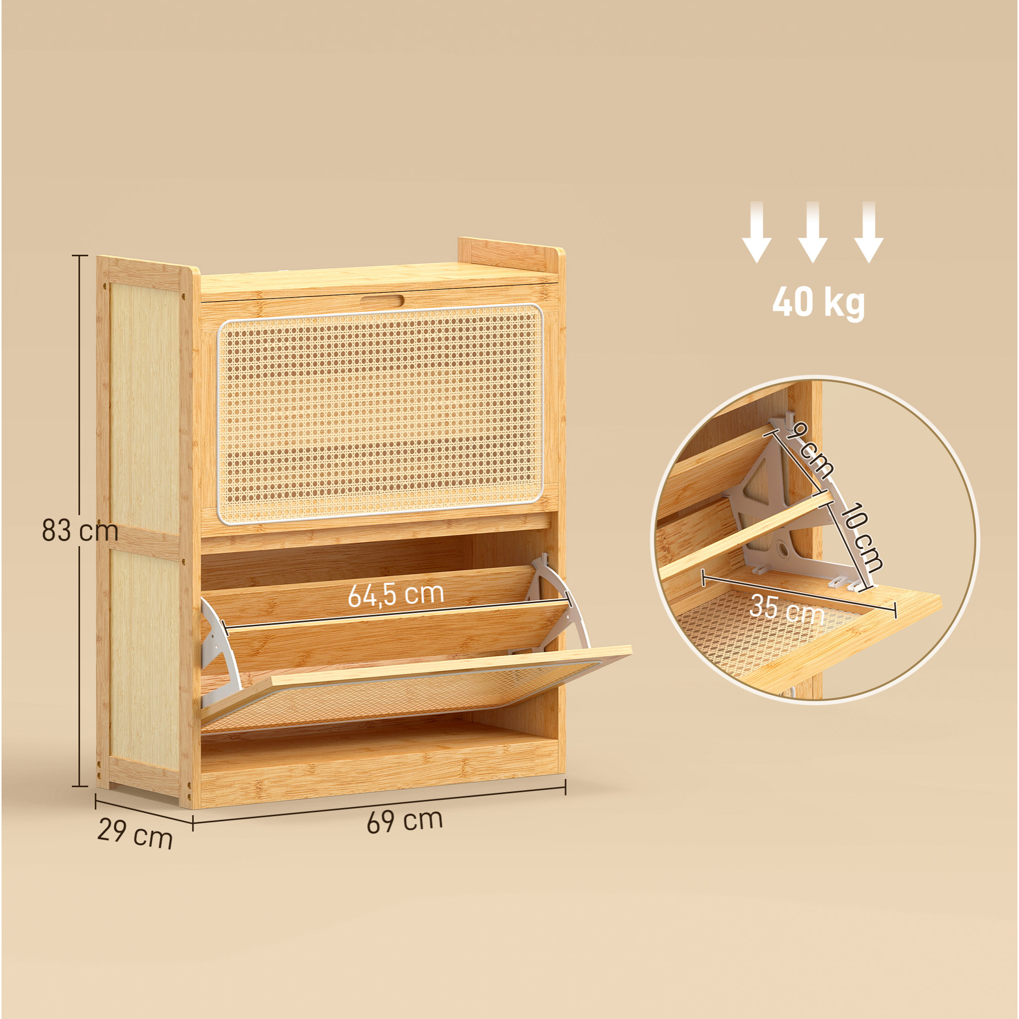 Zapatero Estrecho de Bambú con 2 Cajones Abatibles de Ratán, Mueble Zapatero Bohemio con Estantes Ajustables, para 12-14 Pares de Zapatos, para Pasillos, Entradas, 69x29x83 cm, Natural