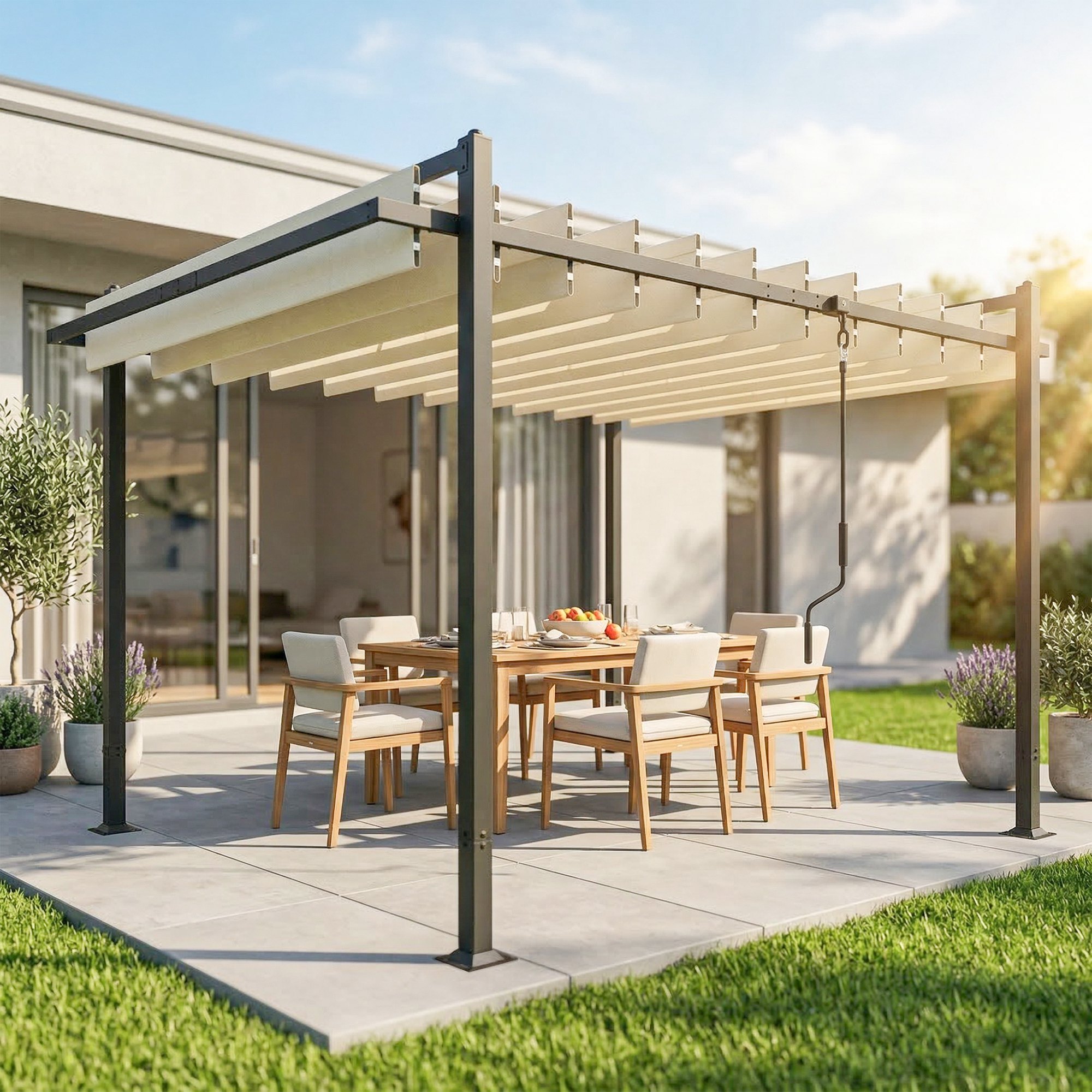 Pérgola de Jardín 3x3,8 m, Cenador de Jardín con Techo de Lamas Ajustable a 90°, Manivela, Estructura de Aluminio y Acero, Protección UPF50+, Pabellón para Exterior, Patio, Terraza, Beige