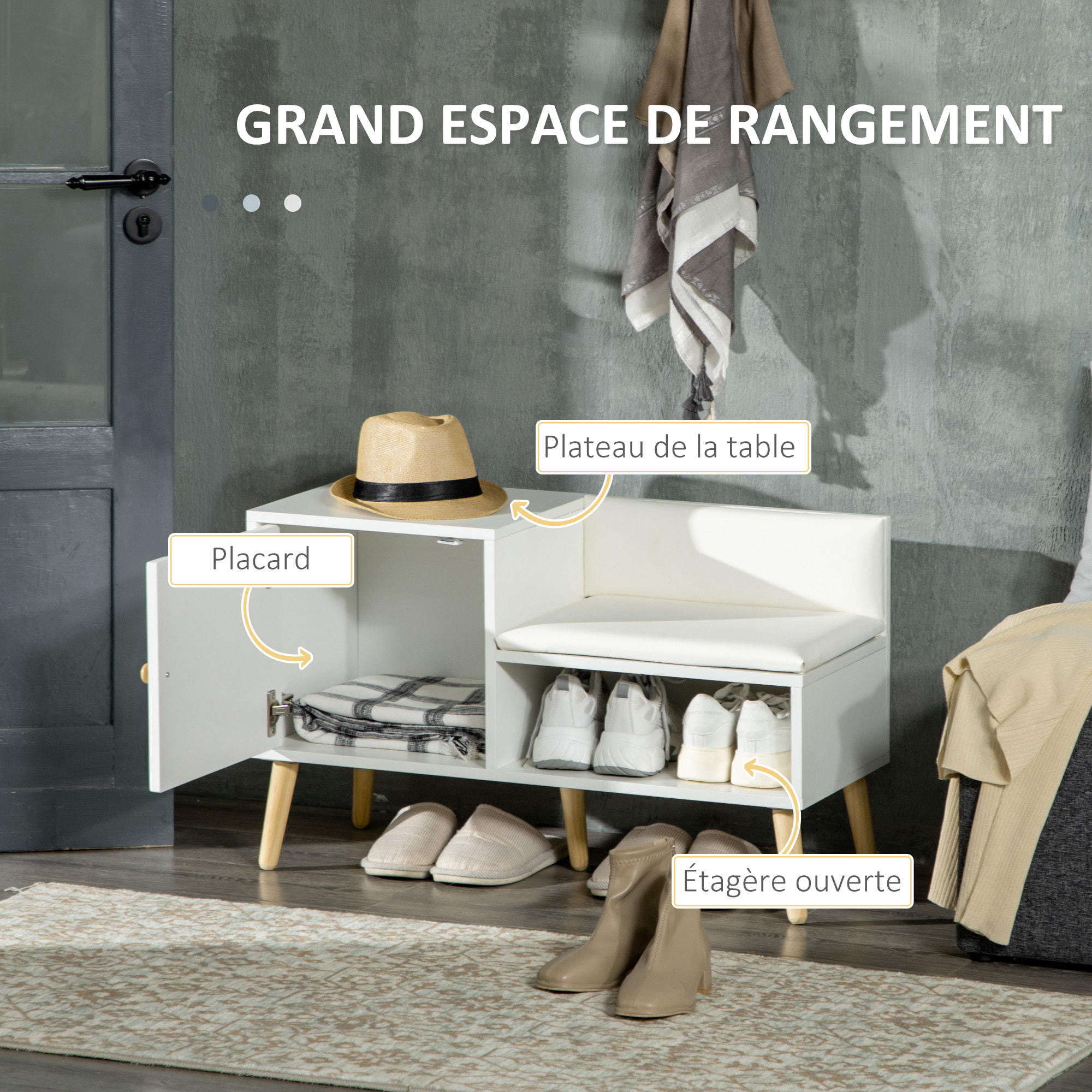 Banc meuble à chaussures 2 en 1 style scandinave - porte, niche, étagère - bois pin blanc