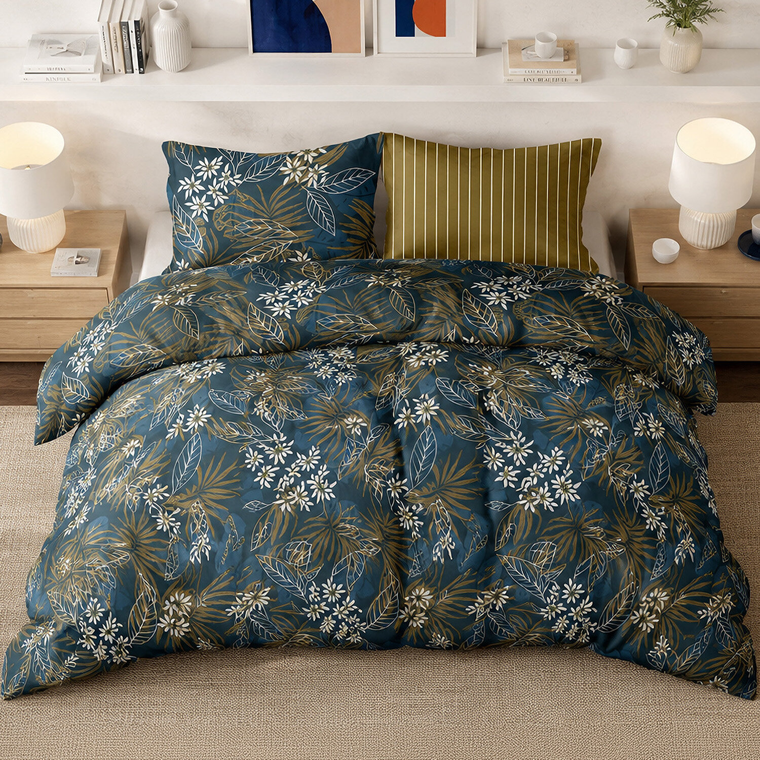 Parure housse de couette 100% percale de coton motif végétal tropical et floral - FLORILEGE