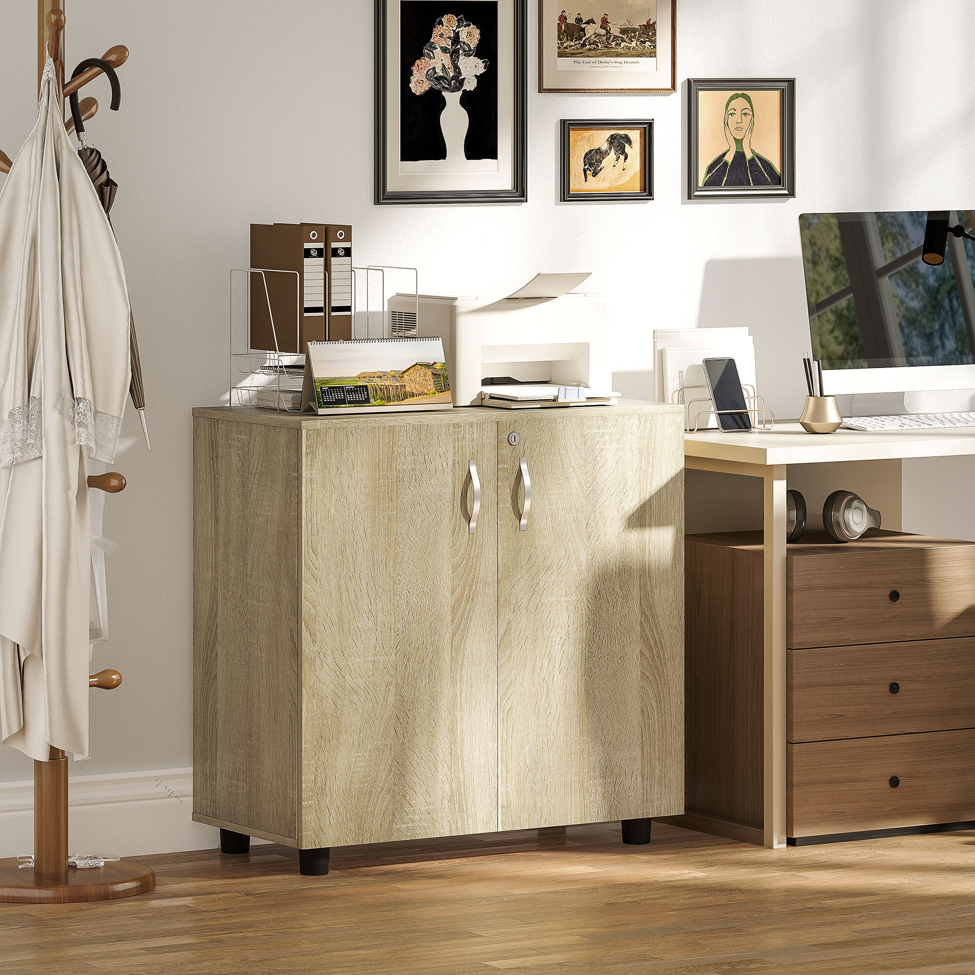 Armoire de bureau verrouillable 2 portes étagère effet bois clair