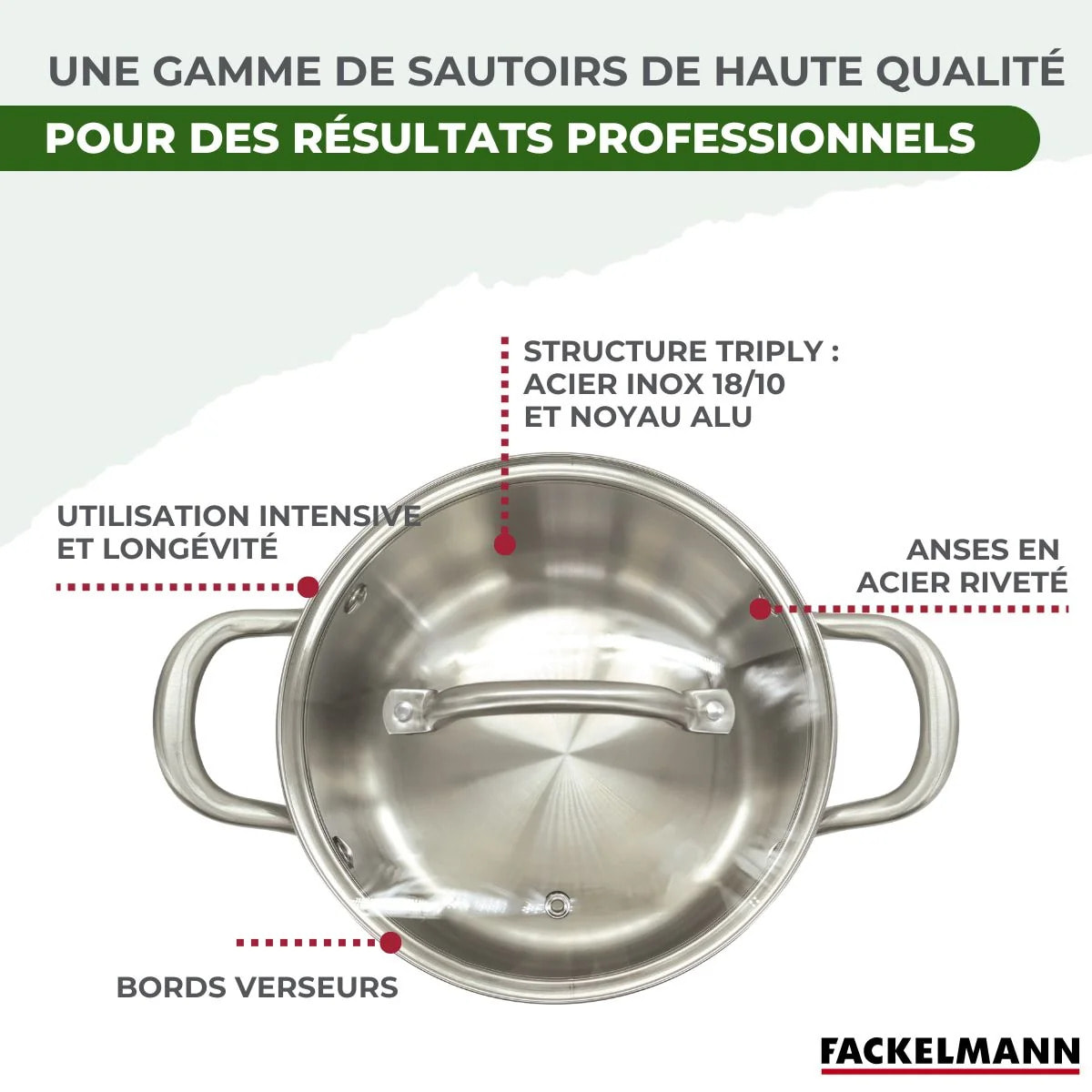 Batterie de cuisine avec 2 faitouts 20/24 cm en inox sans PFAS Fackelmann Vita3
