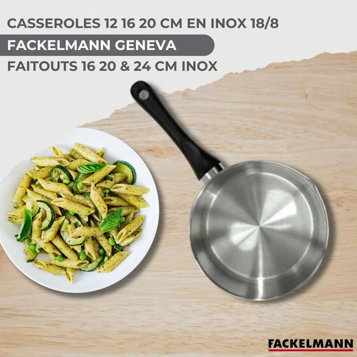 Set de 3 casseroles 12 16 20 cm en inox, 3 faitouts inox 16, 20 et 24 cm et 6 ustensiles RPET Fackelmann Geneva