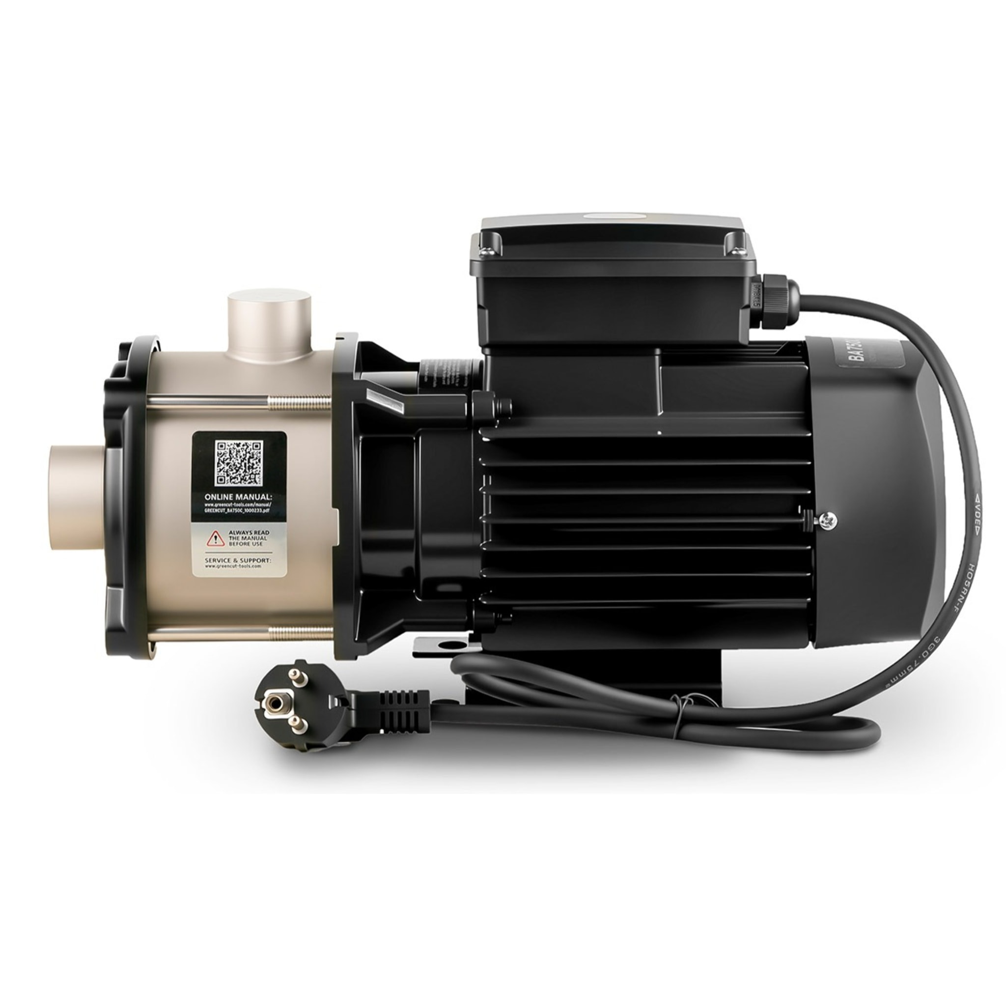 Bomba de agua de 750W con caudal máximo de 56L/min y altura de bombeo hasta 54m, diseñada para aguas claras, con carcasa resistente de acero inoxidable, funcionamiento silencioso, instalación sencilla y bajo mantenimiento - GREENCUT BA750C