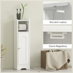 Armario de Baño Estrecho Mueble Auxiliar de Baño 21x20x79 cm con Estante Ajustable Portarrollos de Papel Extraíble y Puerta con Panel Arqueado para Espacios Pequeños Blanco
