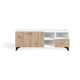 Mueble TV HANOVER - 2 puertas, 3 huecos y 1 cajón - roble y blanco polar - 140x40x50cm