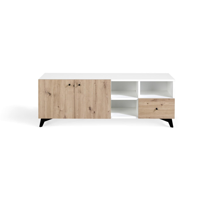 Mueble TV HANOVER - 2 puertas, 3 huecos y 1 cajón - roble y blanco polar - 140x40x50cm