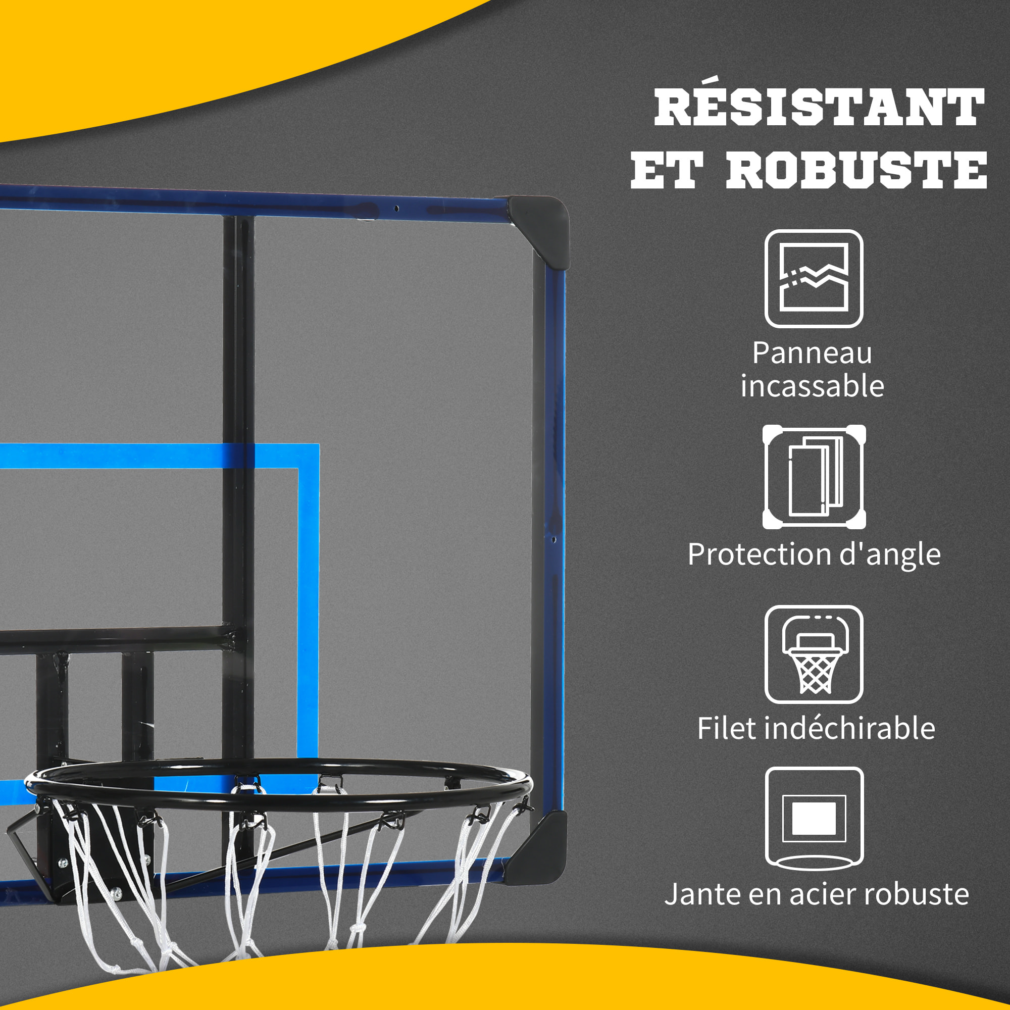 Panier de basket-ball mural - panneau de basket à accrocher - visserie incluse - acier PC bleu noir