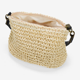 Bolso de hombro beige en rafia con cremallera
