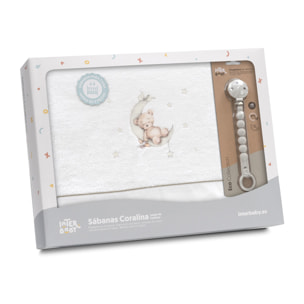 Triptico Cuna Coralina Estampado Oso Luna Estrellas + Broche Bco/Verde