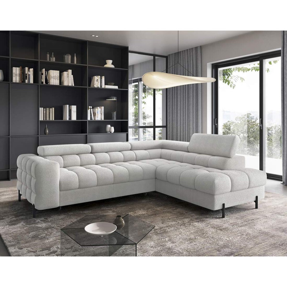 Elisa - canapé d'angle droit 5 places convertible avec coffre et têtières réglables en tissu bouclette - Gris clair