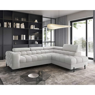 Elisa - canapé d'angle droit 5 places convertible avec coffre et têtières réglables en tissu bouclette - Gris clair