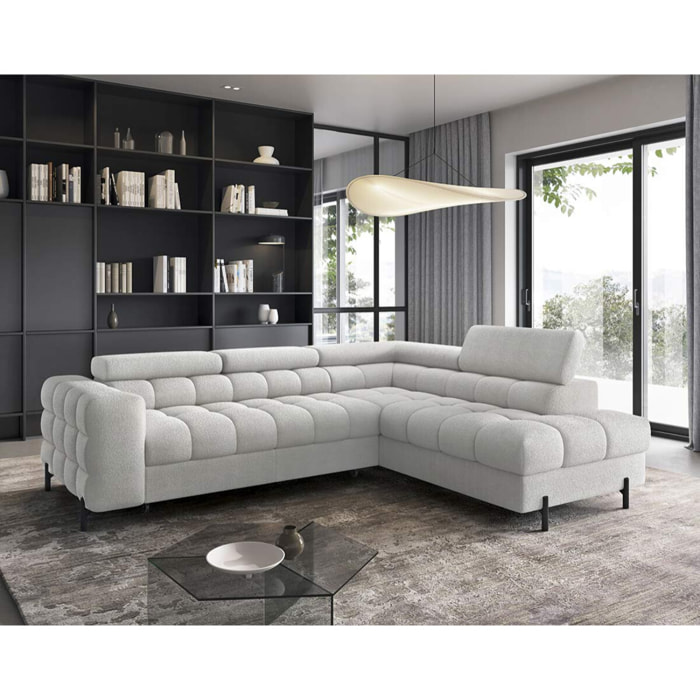 Elisa - canapé d'angle droit 5 places convertible avec coffre et têtières réglables en tissu bouclette - Gris clair
