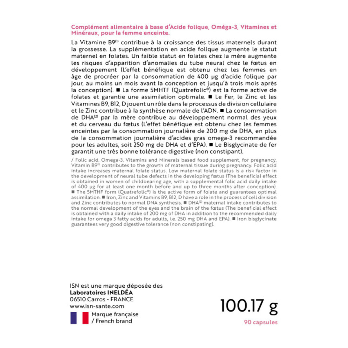 ISN - Fertilia Grossesse - Complément alimentaire à base de nutriments essentiels pour le bien-être de la femme enceinte & le développement de bébé - Riche en Omega 3 - Cure 3 mois